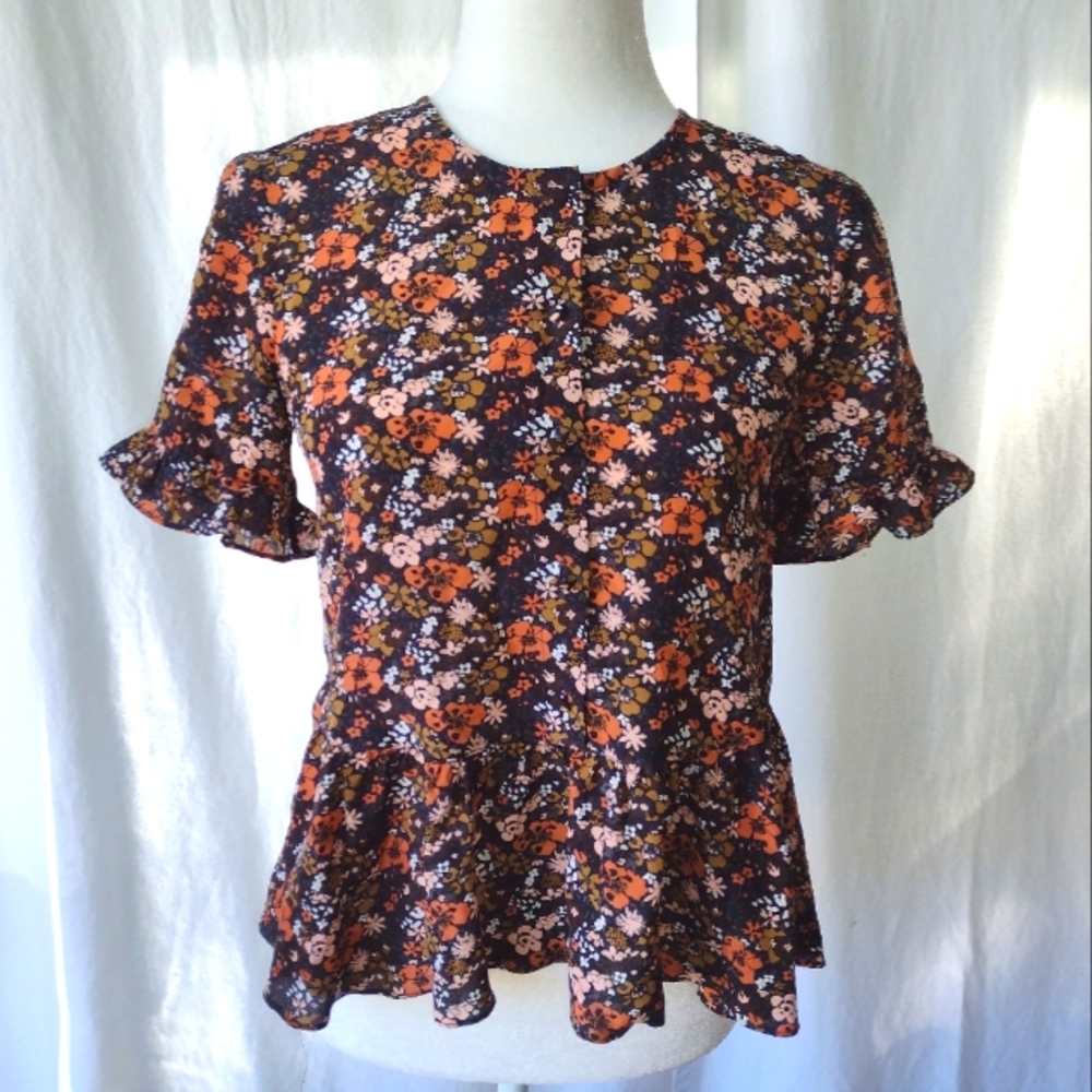 Madewell Floral Peplum Top in Black with Orange & Pink Flowers